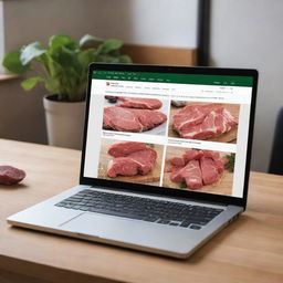 Produce an image of a butcher's website in English, including various meat industry-related elements, shown as screenshots from a Windows laptop.