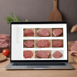 Produce an image of a butcher's website in English, including various meat industry-related elements, shown as screenshots from a Windows laptop.