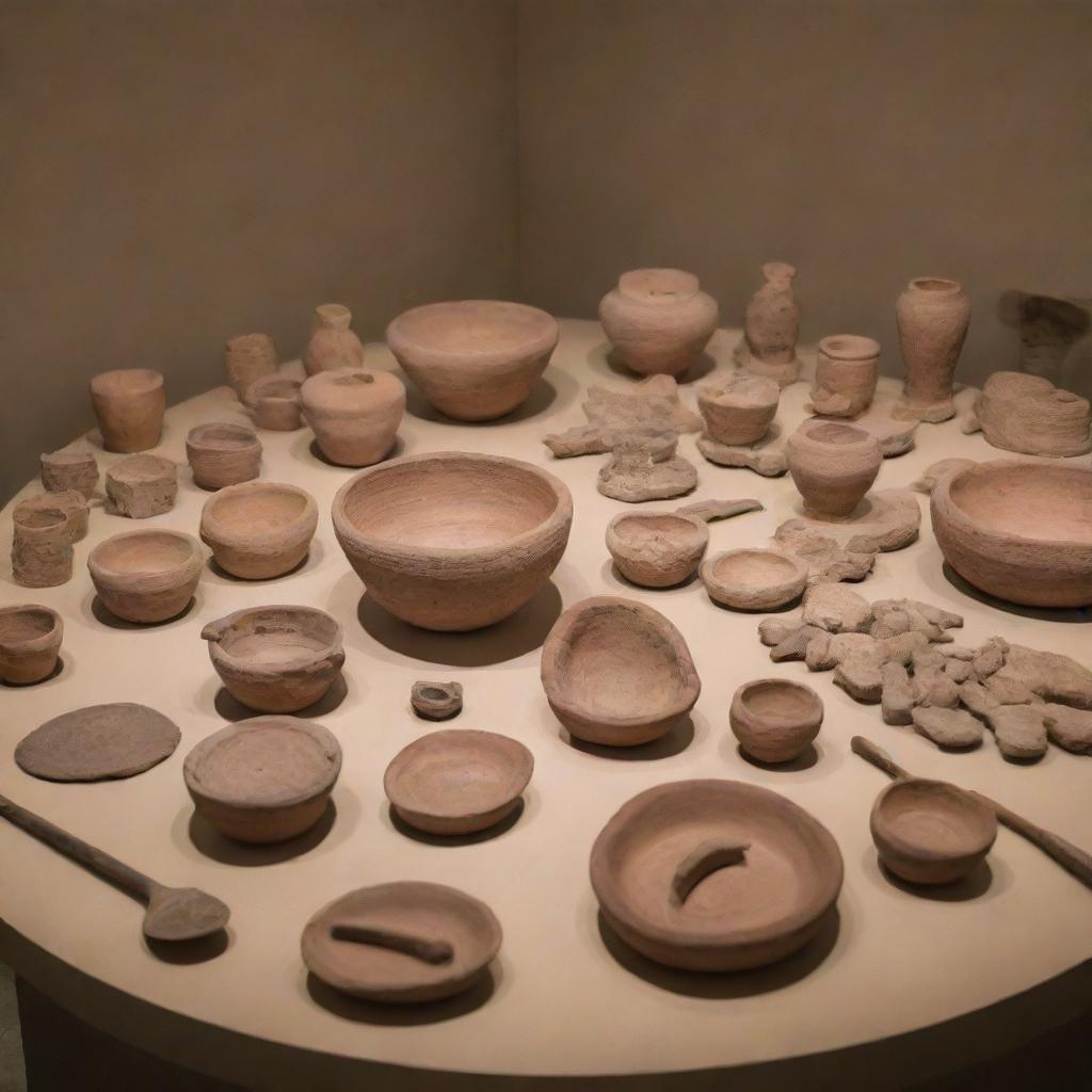 An array of cultural artifacts such as ancient pottery, tools, and jewellery displayed in a museum setting, illustrating the evolution of human societies