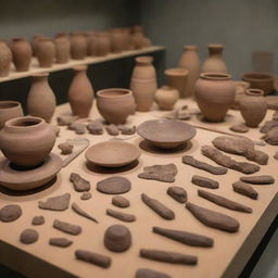 An array of cultural artifacts such as ancient pottery, tools, and jewellery displayed in a museum setting, illustrating the evolution of human societies