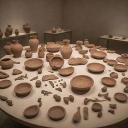 An array of cultural artifacts such as ancient pottery, tools, and jewellery displayed in a museum setting, illustrating the evolution of human societies