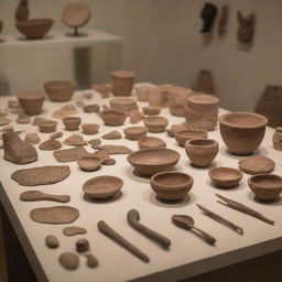 An array of cultural artifacts such as ancient pottery, tools, and jewellery displayed in a museum setting, illustrating the evolution of human societies