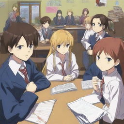 An anime-style digital art image portraying six schoolchildren, evenly split between boys and girls, situated in a student council room