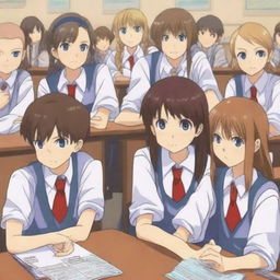 An anime-style digital art image portraying six schoolchildren, evenly split between boys and girls, situated in a student council room
