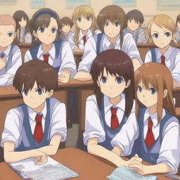 An anime-style digital art image portraying six schoolchildren, evenly split between boys and girls, situated in a student council room