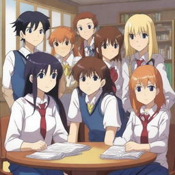 An anime-style digital art image portraying six schoolchildren, evenly split between boys and girls, situated in a student council room