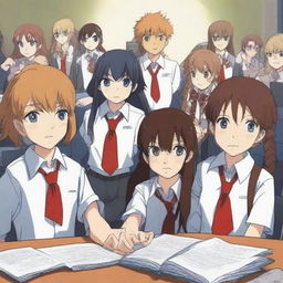 An anime-style digital art image portraying six schoolchildren, evenly split between boys and girls, situated in a student council room