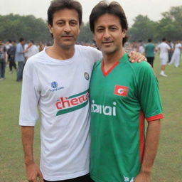 A PTI jersey T-shirt with the name 'SHEHZAD IQBAL' on it, and a picture of him standing beside Imran Khan