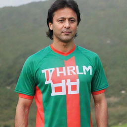 A PTI jersey T-shirt with the name 'SHEHZAD IQBAL' on it, and a picture of him standing beside Imran Khan