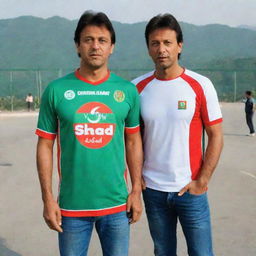 A PTI jersey T-shirt with the name 'SHEHZAD IQBAL' on it, and a picture of him standing beside Imran Khan