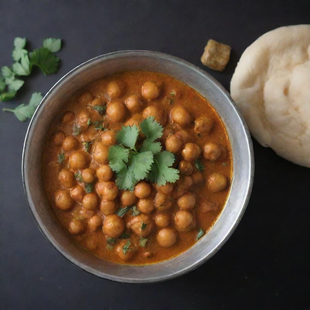 An appealing and appetizing image of Chole (Indian chickpea curry) served in a traditional Indian bowl, garnished with coriander leaves and ginger. Ideal for a restaurant promotion.