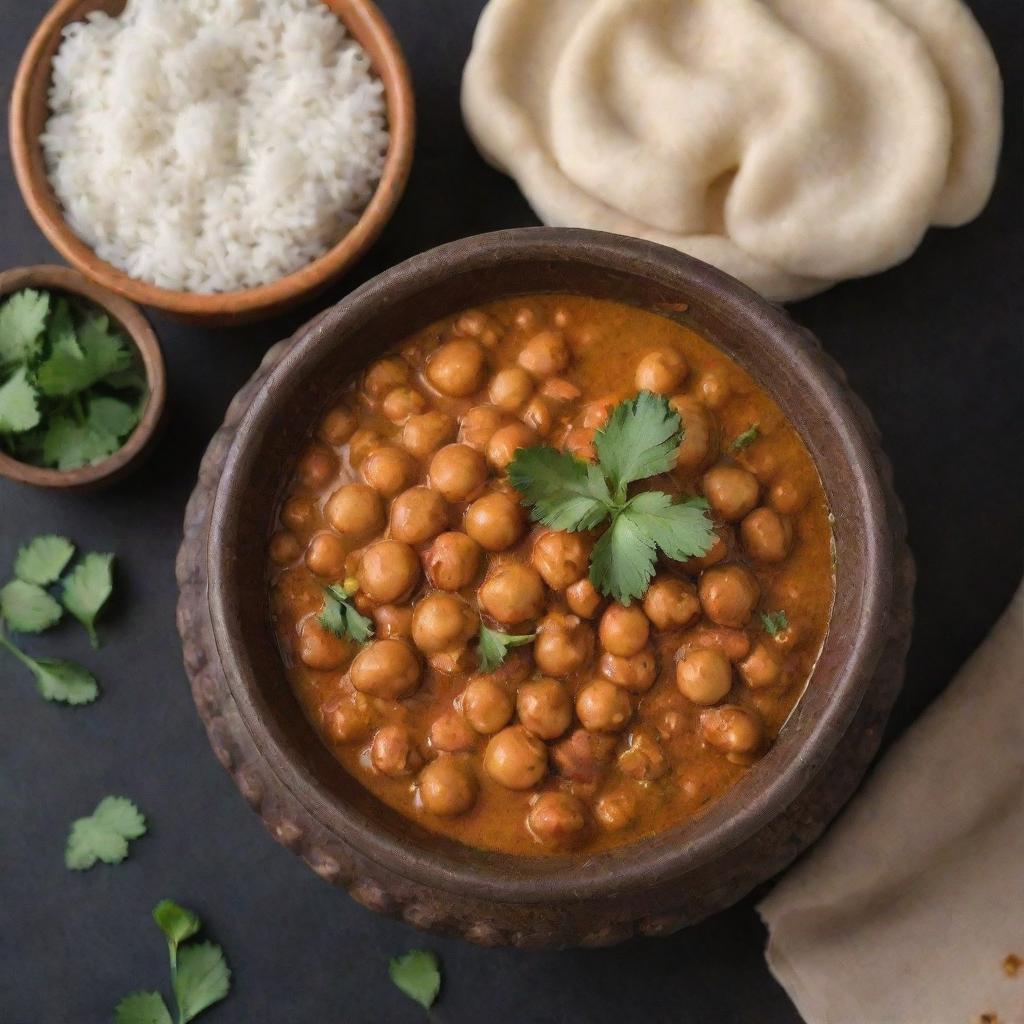 An appealing and appetizing image of Chole (Indian chickpea curry) served in a traditional Indian bowl, garnished with coriander leaves and ginger. Ideal for a restaurant promotion.