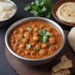 An appealing and appetizing image of Chole (Indian chickpea curry) served in a traditional Indian bowl, garnished with coriander leaves and ginger. Ideal for a restaurant promotion.