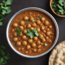 An appealing and appetizing image of Chole (Indian chickpea curry) served in a traditional Indian bowl, garnished with coriander leaves and ginger. Ideal for a restaurant promotion.