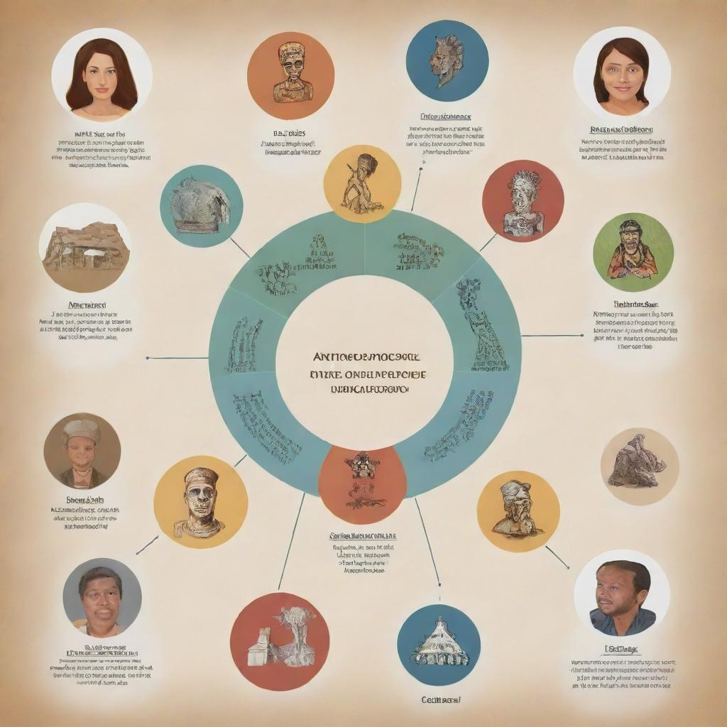 Visual diagram showcasing various aspects of anthropology like cultural, biological, archaeological, and linguistical