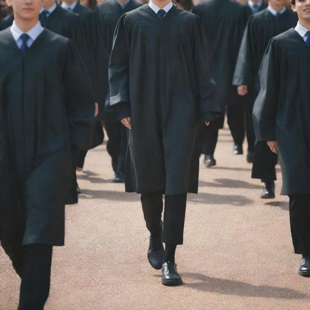 Generate an image showing the concept of achieving success without traditional education: a young person stepping out from a crowd of graduates confidently striding towards a non-academic path sparkling with opportunities.