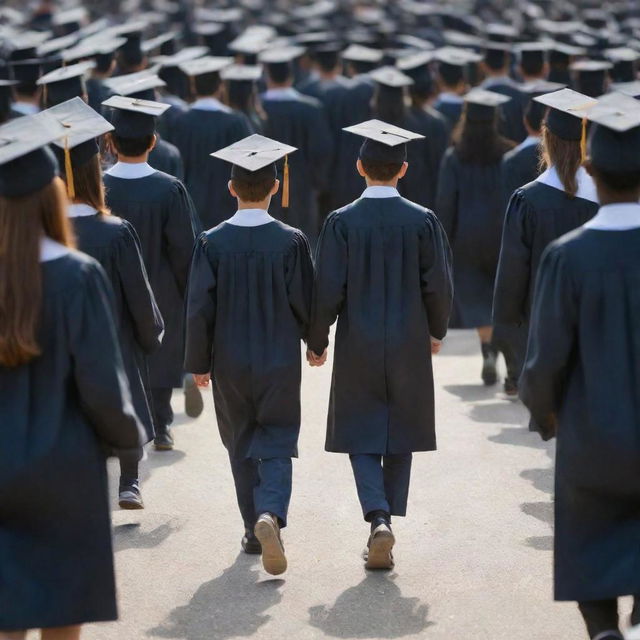 Generate an image showing the concept of achieving success without traditional education: a young person stepping out from a crowd of graduates confidently striding towards a non-academic path sparkling with opportunities.