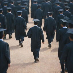 Generate an image showing the concept of achieving success without traditional education: a young person stepping out from a crowd of graduates confidently striding towards a non-academic path sparkling with opportunities.