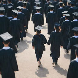 Generate an image showing the concept of achieving success without traditional education: a young person stepping out from a crowd of graduates confidently striding towards a non-academic path sparkling with opportunities.