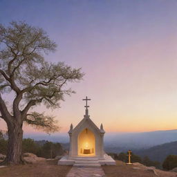 A peaceful scene depicting various symbols from multiple religious faiths coexisting harmoniously under a serene, softly glowing sky.