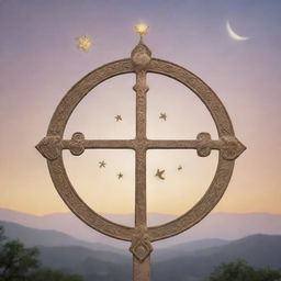 A peaceful scene depicting various symbols from multiple religious faiths coexisting harmoniously under a serene, softly glowing sky.