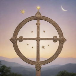 A peaceful scene depicting various symbols from multiple religious faiths coexisting harmoniously under a serene, softly glowing sky.