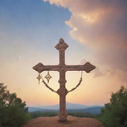 A peaceful scene depicting various symbols from multiple religious faiths coexisting harmoniously under a serene, softly glowing sky.