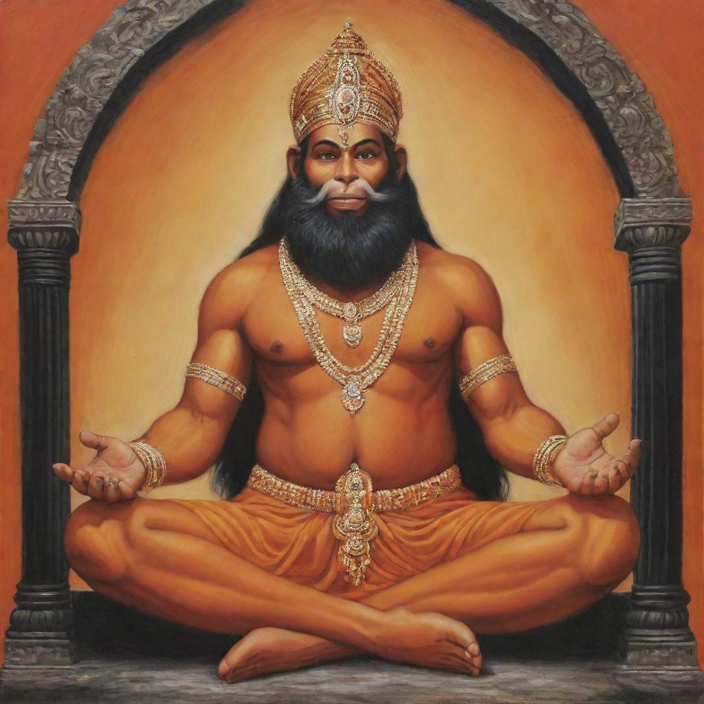 An artistic portrayal of Hanumanji sitting respectfully beside Ramji, both clothed in saffron and black, with Hanumanji joining his hands as a gesture of reverence.