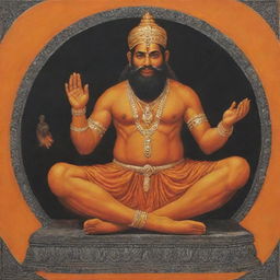 An artistic portrayal of Hanumanji sitting respectfully beside Ramji, both clothed in saffron and black, with Hanumanji joining his hands as a gesture of reverence.