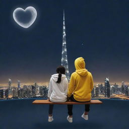 A 20-year-old couple named Sahil and Aisha, sitting in front of the Dubai Burj Khalifa view on a swing, in yellow and white hoodies respectively. They're holding hands under moonlight and encased in a heart emoji. Render as a realistic art painting.