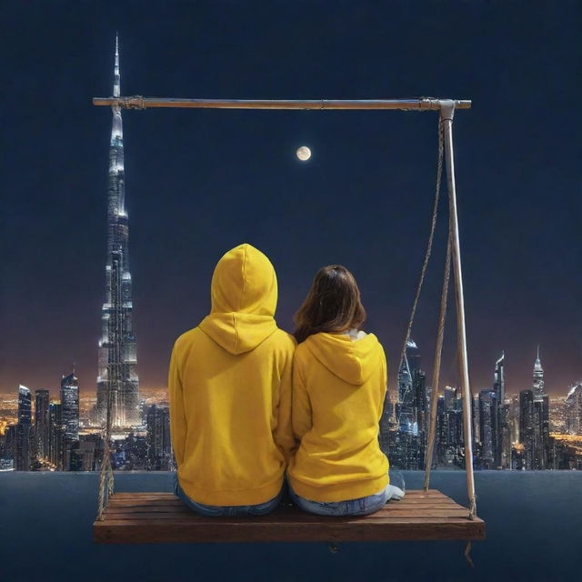 A 20-year-old couple named Sahil and Aisha, sitting in front of the Dubai Burj Khalifa view on a swing, in yellow and white hoodies respectively. They're holding hands under moonlight and encased in a heart emoji. Render as a realistic art painting.