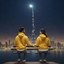 A 20-year-old couple named Sahil and Aisha, sitting in front of the Dubai Burj Khalifa view on a swing, in yellow and white hoodies respectively. They're holding hands under moonlight and encased in a heart emoji. Render as a realistic art painting.