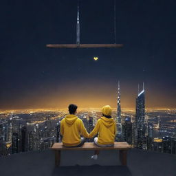 A 20-year-old couple named Sahil and Aisha, sitting in front of the Dubai Burj Khalifa view on a swing, in yellow and white hoodies respectively. They're holding hands under moonlight and encased in a heart emoji. Render as a realistic art painting.