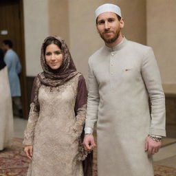 A professional footballer, Lionel Messi, standing next to a lady dressed modestly in Muslim attire