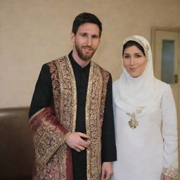 A professional footballer, Lionel Messi, standing next to a lady dressed modestly in Muslim attire