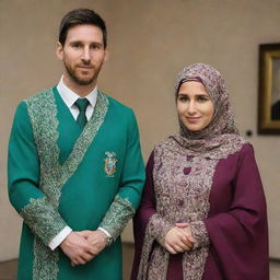 A professional footballer, Lionel Messi, standing next to a lady dressed modestly in Muslim attire