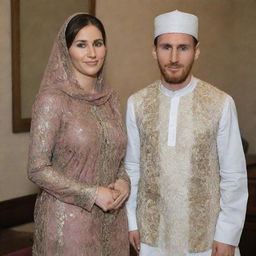 A professional footballer, Lionel Messi, standing next to a lady dressed modestly in Muslim attire