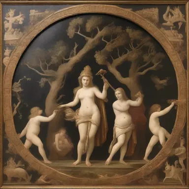 The painting depicted a scene from an ancient myth, with different elements cut back to various historical periods.