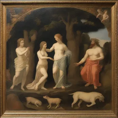 The painting depicted a scene from an ancient myth, with different elements cut back to various historical periods.