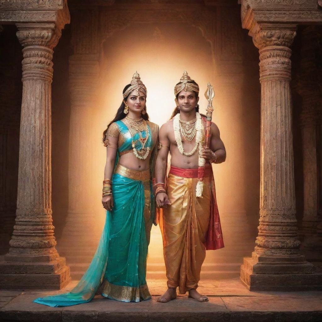 A divine image of Lord Rama and Sita standing together in traditional attire, surrounded by an ethereal glow and set against the backdrop of an ancient Indian temple.