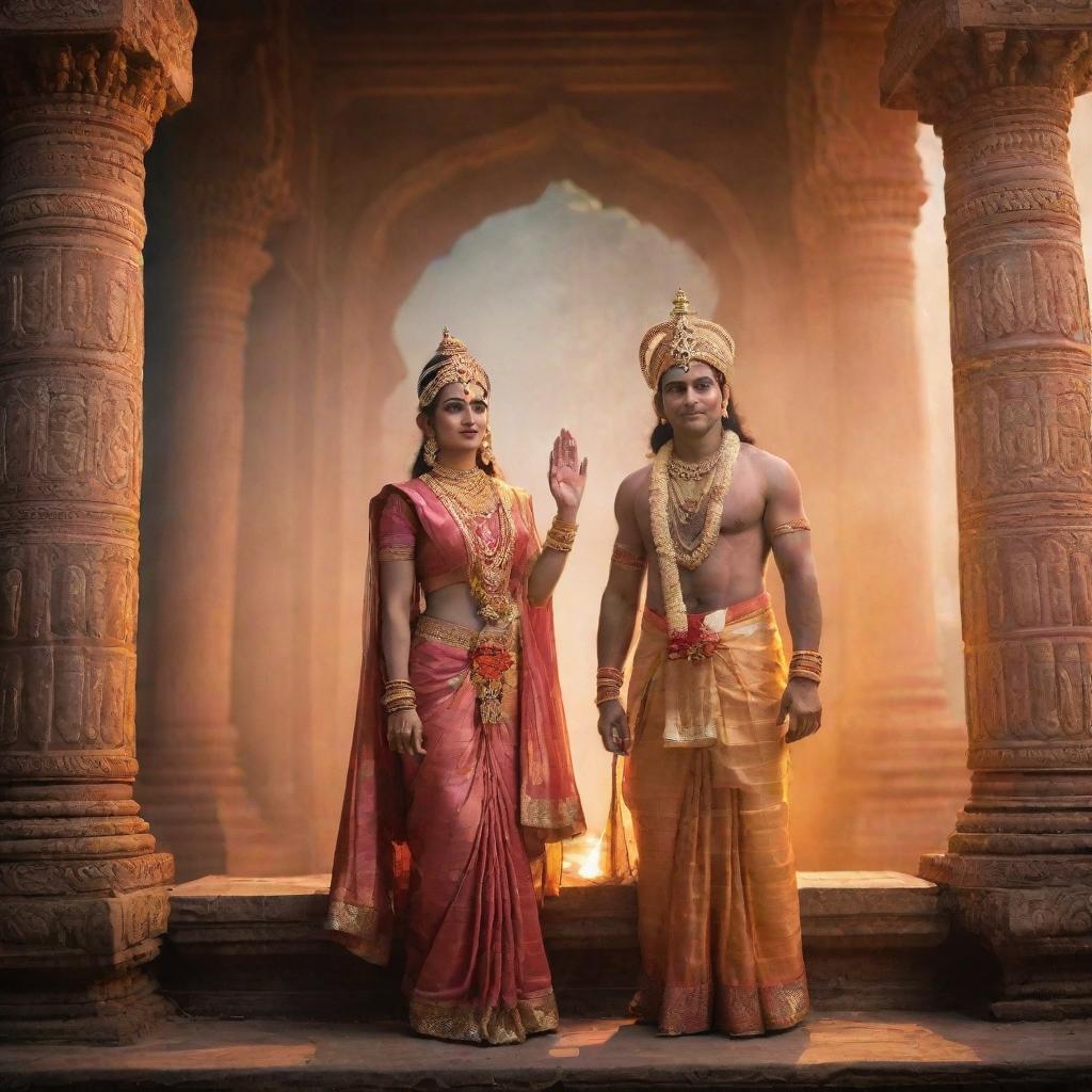 A divine image of Lord Rama and Sita standing together in traditional attire, surrounded by an ethereal glow and set against the backdrop of an ancient Indian temple.