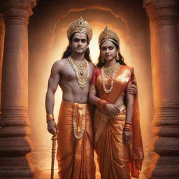 A divine image of Lord Rama and Sita standing together in traditional attire, surrounded by an ethereal glow and set against the backdrop of an ancient Indian temple.