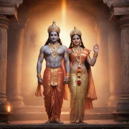 A divine image of Lord Rama and Sita standing together in traditional attire, surrounded by an ethereal glow and set against the backdrop of an ancient Indian temple.