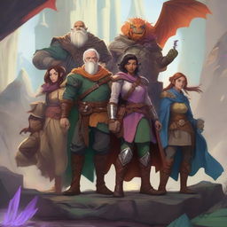 A high-quality digital art showcasing a group of Dungeons and Dragons characters