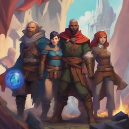 A high-quality digital art showcasing a group of Dungeons and Dragons characters