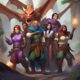 A high-quality digital art showcasing a group of Dungeons and Dragons characters