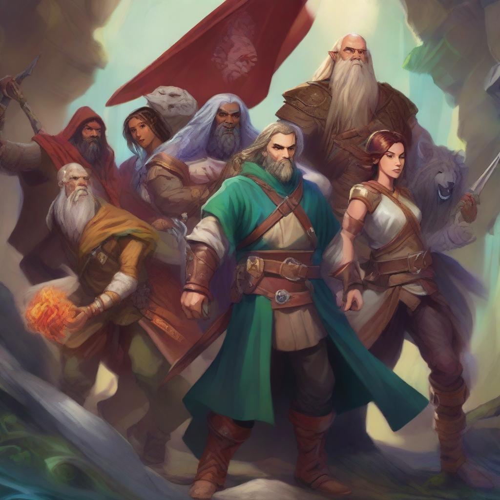 A high-quality digital art showcasing a group of Dungeons and Dragons characters