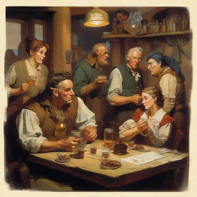 A high-quality image depicting Dungeons and Dragons characters, rendered in the style of Norman Rockwell