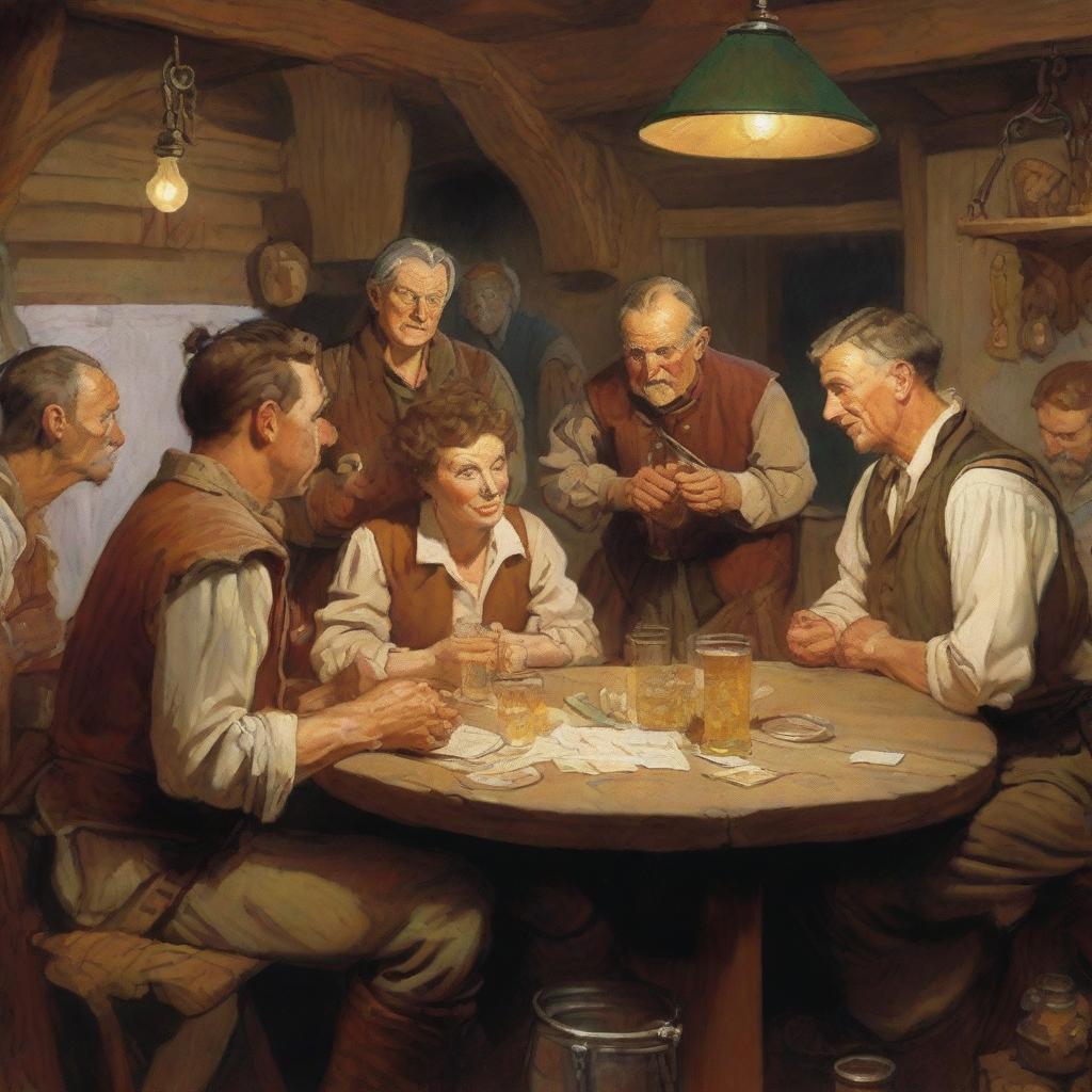 A high-quality image depicting Dungeons and Dragons characters, rendered in the style of Norman Rockwell