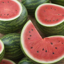 A juicy, fresh watermelon with brilliant red flesh and deep green stripes, displaying perfectly ripe seeds within its glossy core.